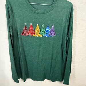 Green Long Sleeve Tee with Colorful Tree Design